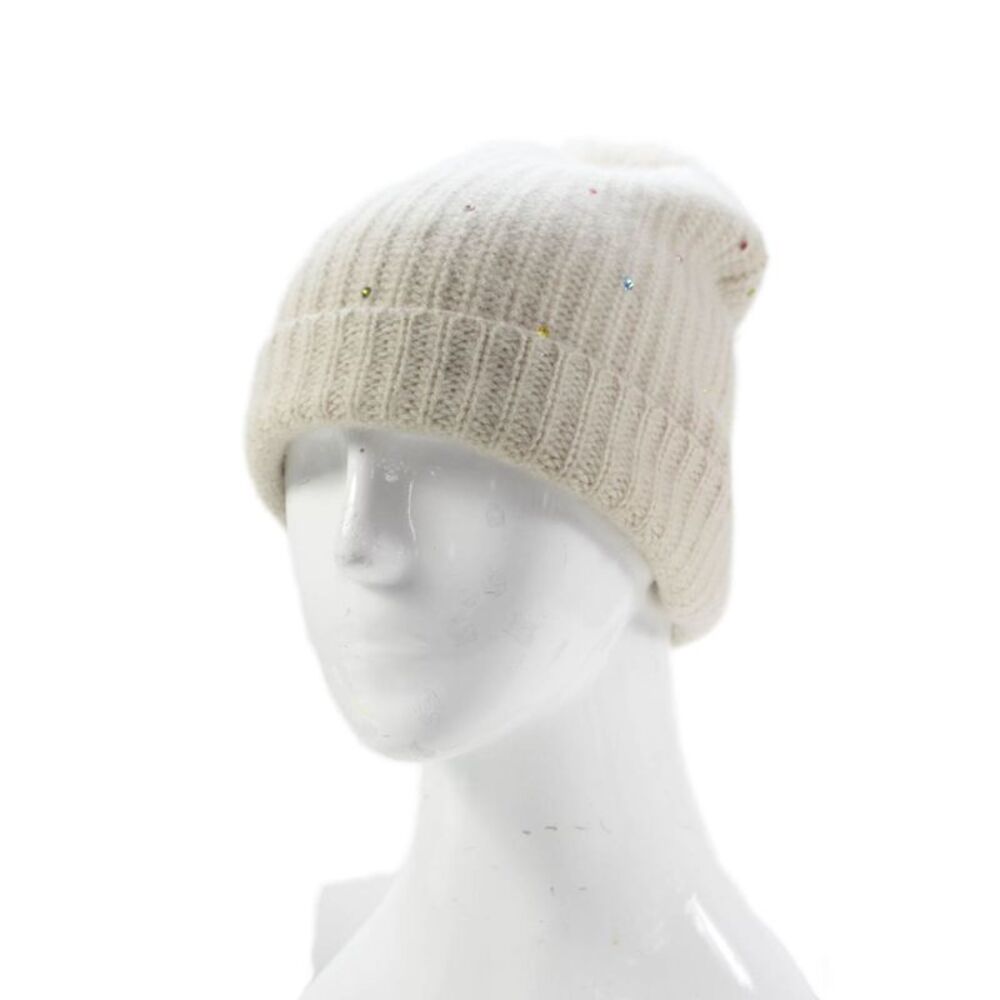 Carolyn Rowan Womens Cashmere Knit Crystal Studded Beanie Hat Beige OS